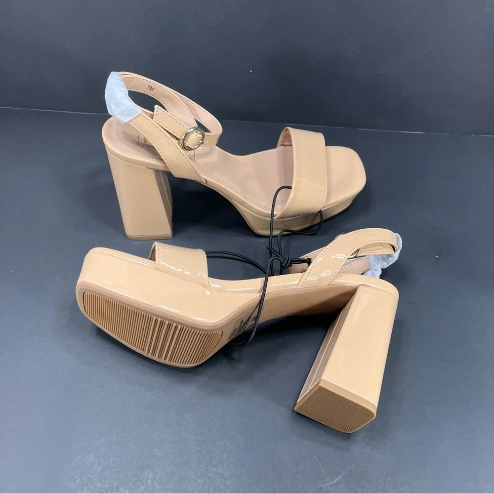 pop Tan Nude Patent Block Chunky Heel Sandals with Ankle Strap new in box size 7 - Picture 8 of 11